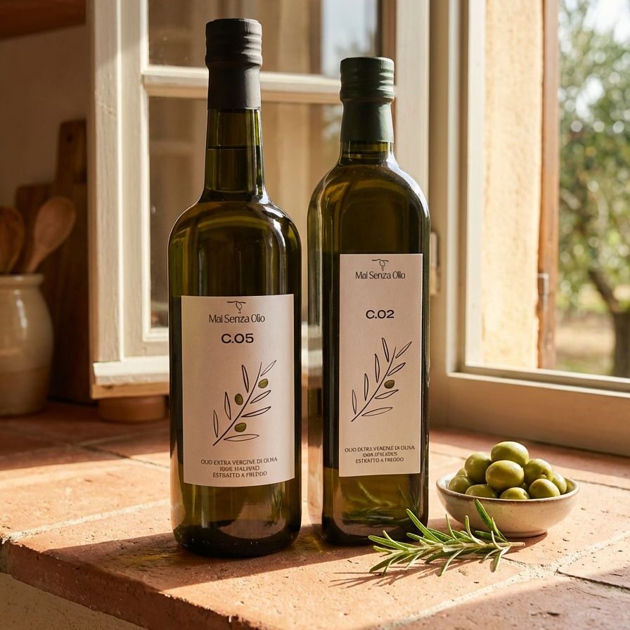 bottiglie olio extravergine di oliva Mai Senza Olio